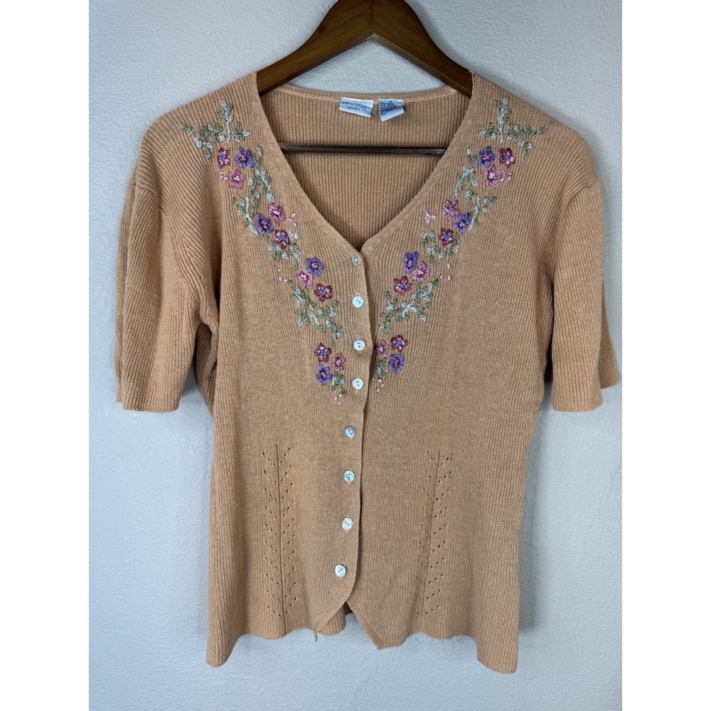 Floral Embroidered Cardigan Sweater Knit Top Short Sleeve S Preppy Grandma - Picture 5 of 12